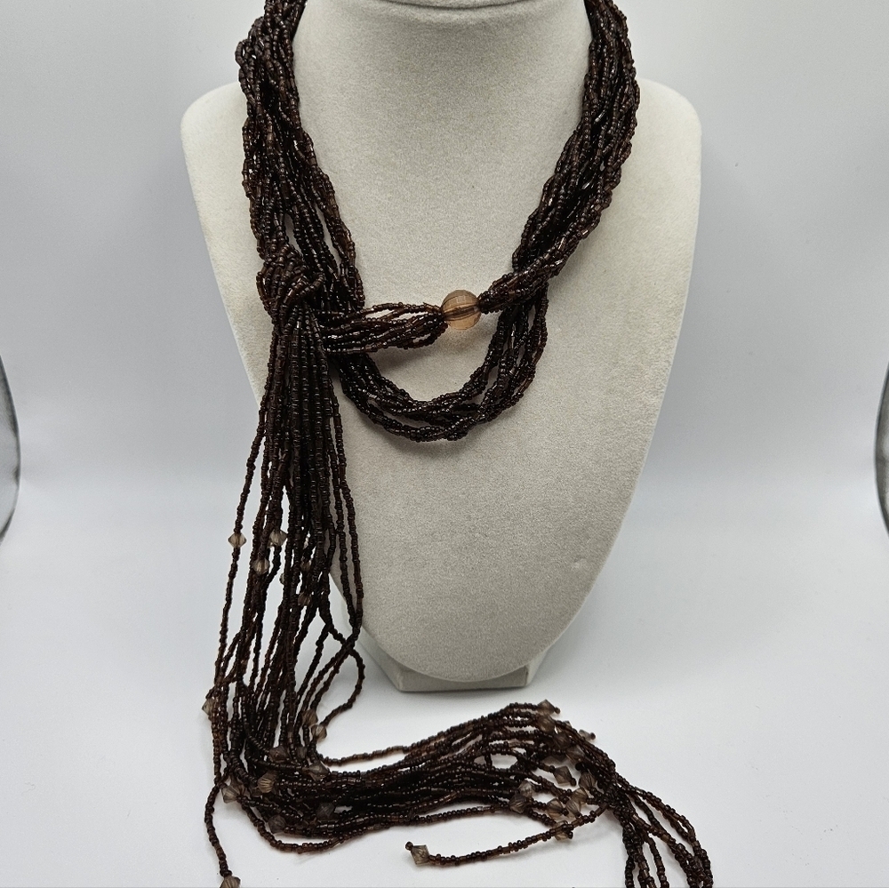 VINTAGE Braided Brown Glass Seed Bead Long Strand 59" Tassel Necklace or Belt